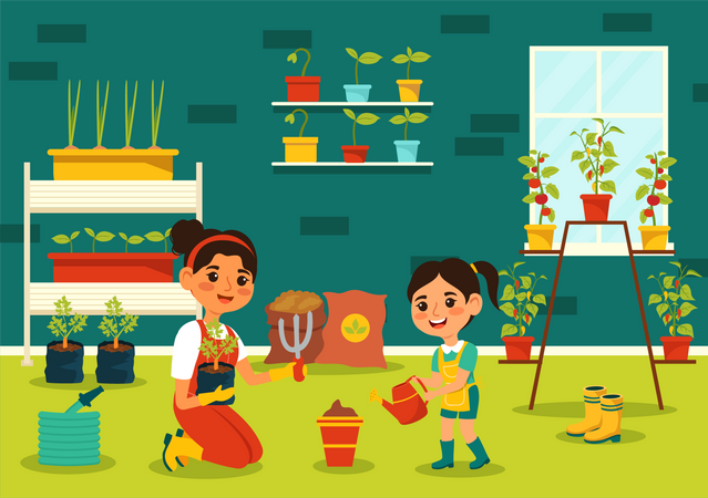 Woman and daughter caring house plant  イラスト