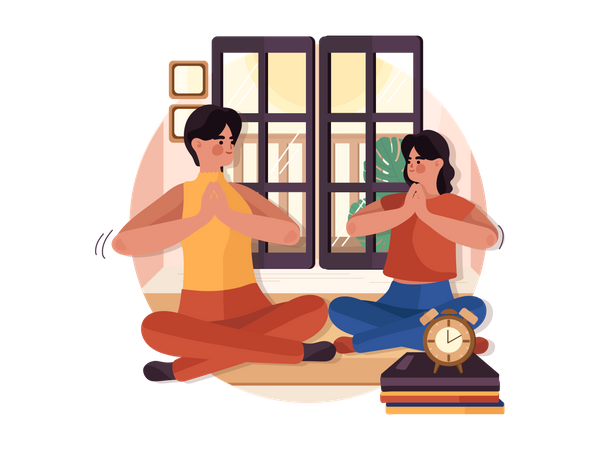 Woman and daughter doing yoga meditation at home Illustration
