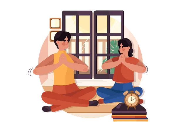 Woman and daughter doing yoga meditation at home  Illustration