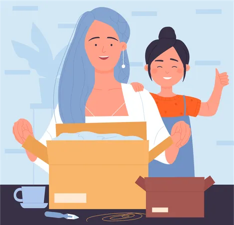 Woman and daughter opening parcel  Illustration