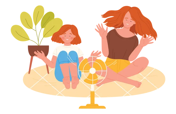Woman and daughter sitting in front of fan  Illustration