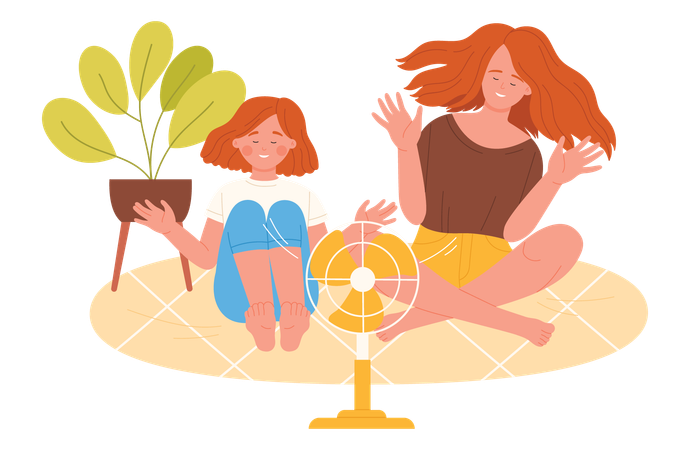 Woman and daughter sitting in front of fan  Illustration