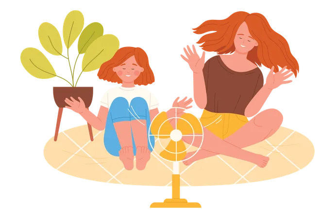 Woman and daughter sitting in front of fan  Illustration