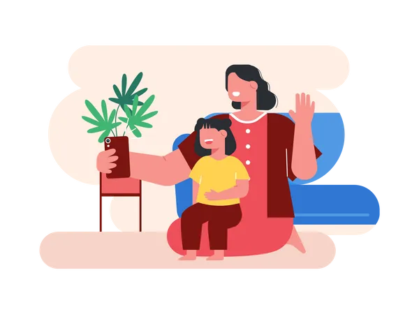 Woman and daughter taking selfie  Illustration