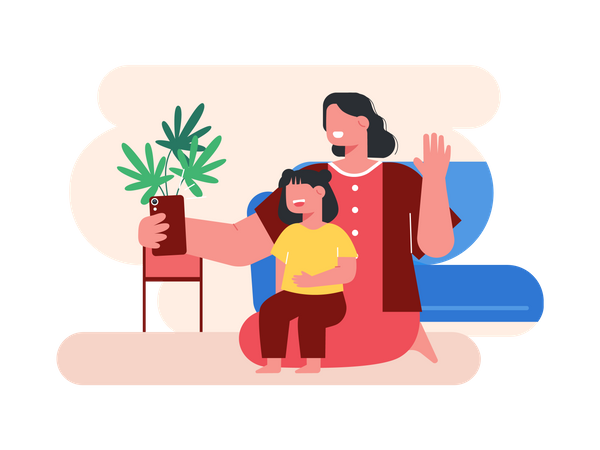 Woman and daughter taking selfie  Illustration