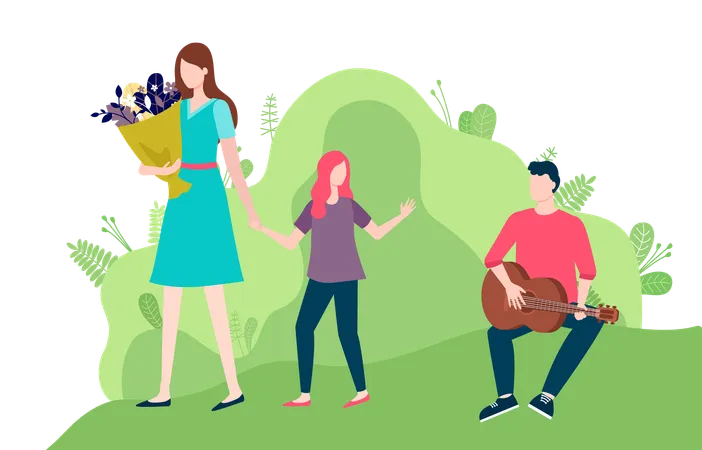 Mother And Daughter Walking Together Holding Hands Woman With Bouquet Of Flowers Man Sitting On Grass Playing Guitar Girl Waving Goodbye Vector Illustration