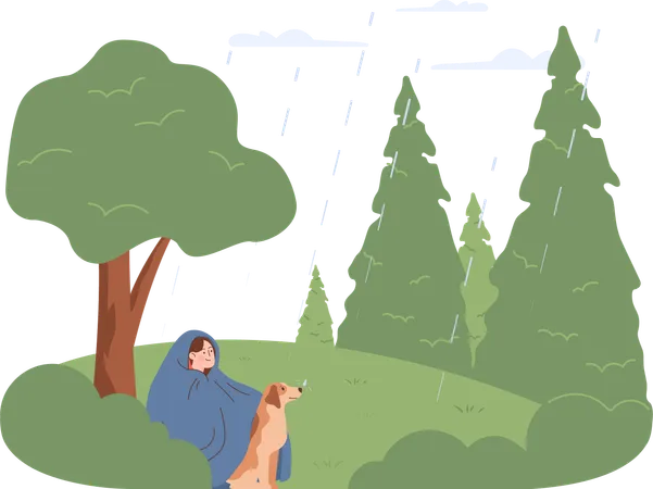Woman and dog in park  Illustration