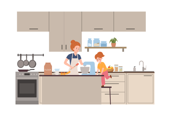 Woman and girl at kitchen bake cake beat ingredients in mixer  Illustration