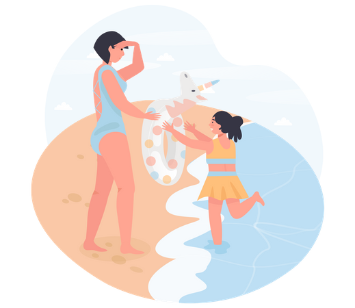 Woman and girl playing with swim ring Illustration