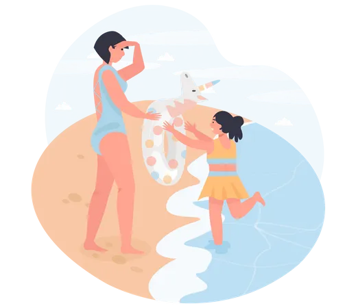Woman and girl playing with swim ring  Illustration