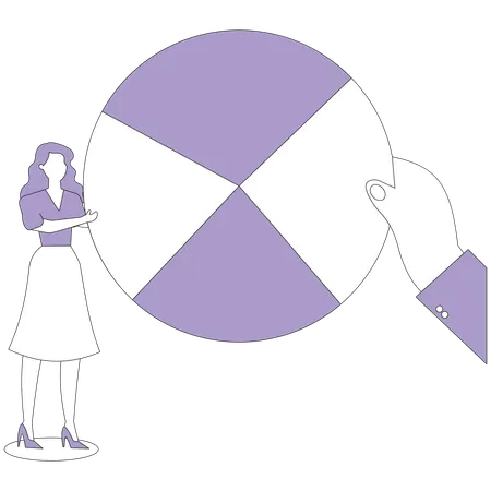 Woman and hand add up parts of pie chart  Illustration