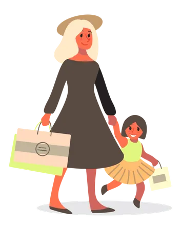 Woman And Her Daughter Shopping Person With Shopping Bags Big Sale And Discount Concept Cheerful Buyer Vector Illustration In Cartoon Style Illustration