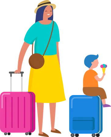 Woman and her kid going on vacation Illustration