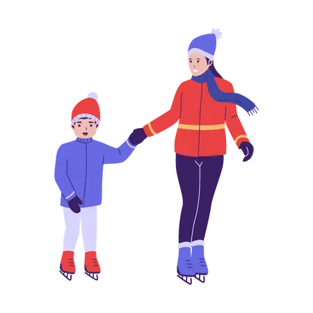 Woman And Kids In Winter Season Flat Design Illustration Illustration
