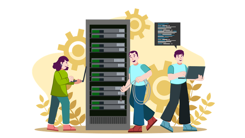 Woman and male engineers working on network  Illustration