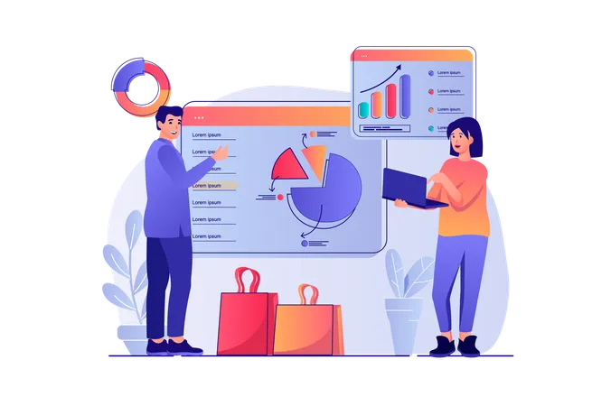 Sales Performance Concept With People Scene Woman And Man Analyzes Financial Data Makes Presentation With Business Statistics And Profit Vector Illustration With Characters In Flat Design For Web Illustration