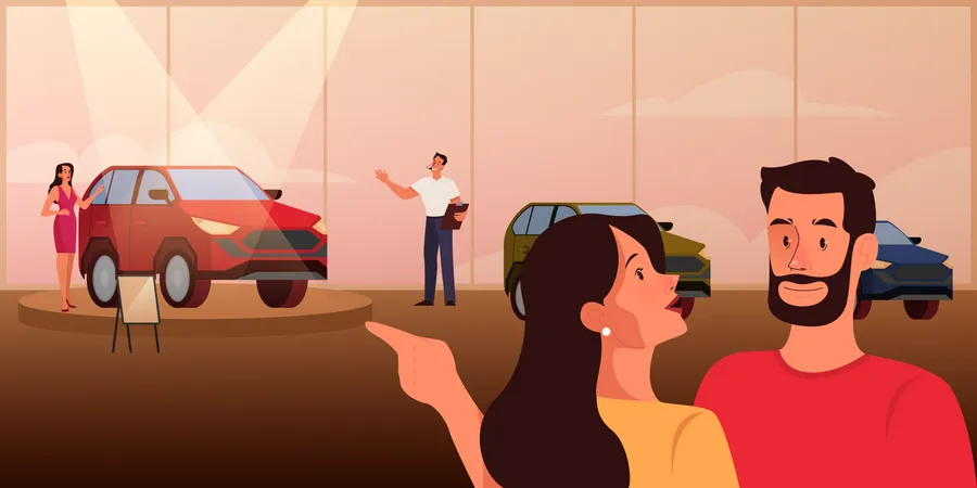 Woman and man at car presentation  Illustration