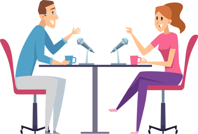 Woman and Man At Podcast Studio  Illustration