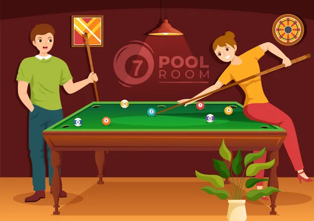 Billiards Game Illustration With Player Pool Room With Stick Table And Billiard Balls In Sports Club In Flat Cartoon Hand Drawn Templates Illustration