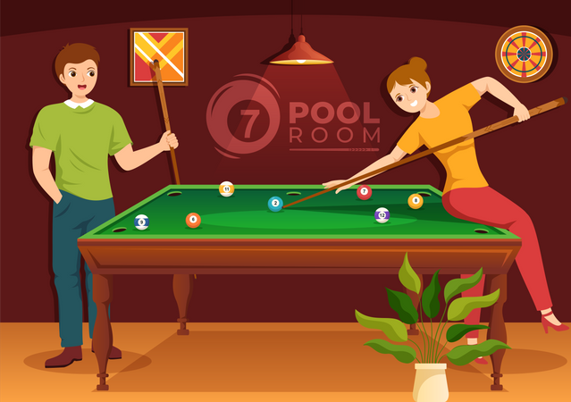 Woman and man Billiards Game  Illustration