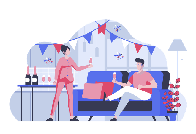 Woman and man celebrating holiday and drinks champagne in decorated room  Illustration