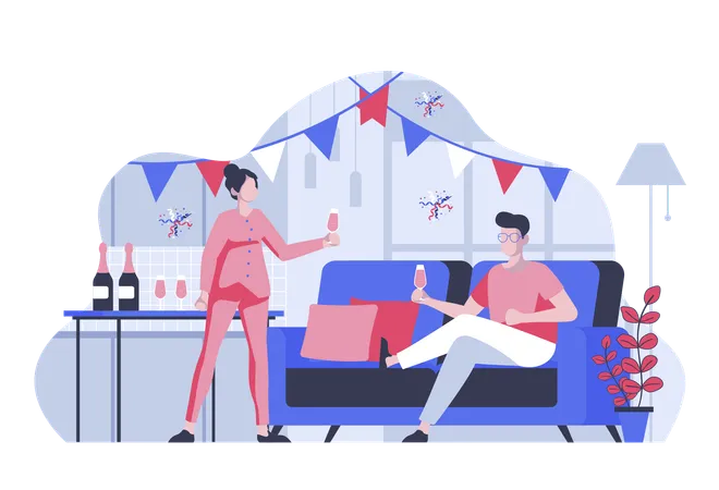 Home Party Concept With Cartoon People In Flat Design For Web Woman And Man Celebrating Holiday Drinks Champagne In Decorated Room Vector Illustration For Social Media Banner Marketing Material Illustration
