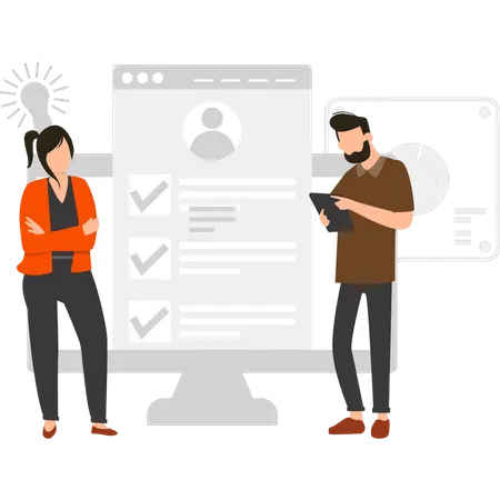 Woman and man checking user profile  Illustration