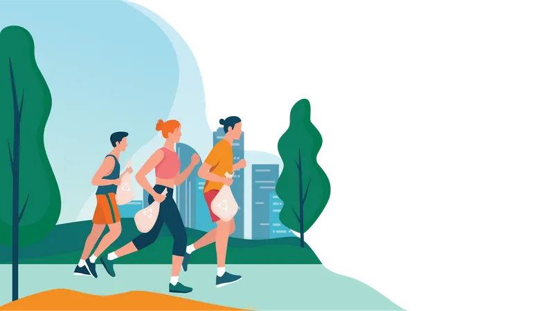 Plogging Banner People Pick Up Trash During A Jog Woman And Man Collect Garbage While Running Eco Friendly And Healthy Lifestyle Flat Vector Illustration Illustration