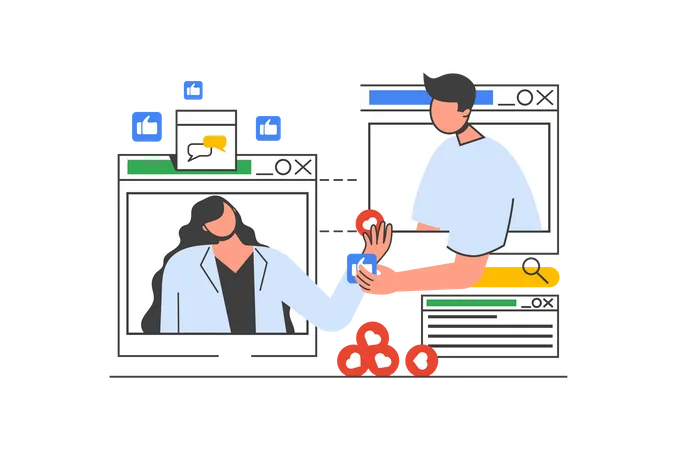Video Chatting Outline Web Concept With Character Scene Woman And Man Connecting Via Video Call Screens People Situation In Flat Line Design Vector Illustration For Social Media Marketing Material Illustration
