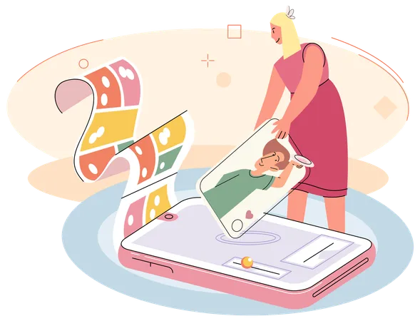 Woman and man couple chatting, messaging using chat app or social network on mobile phone  Illustration