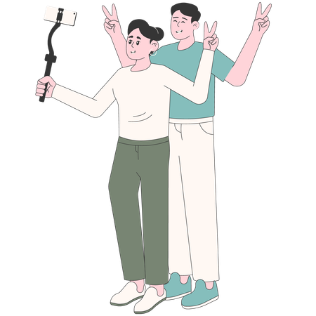 Woman and Man Couple Taking a Selfie  イラスト