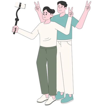 Woman and Man Couple Taking a Selfie  イラスト