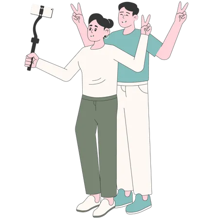 Woman and Man Couple Taking a Selfie  Illustration