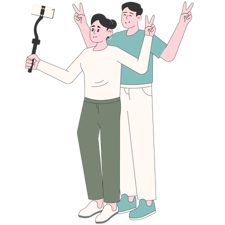 Woman and Man Couple Taking a Selfie  일러스트레이션