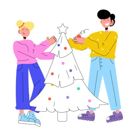 Woman and man decorating Tree Illustration