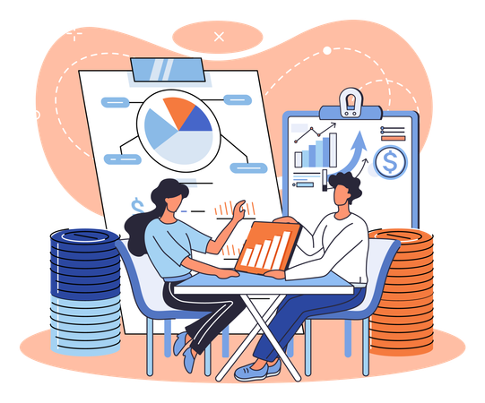 Woman and man discussion on business report  Illustration