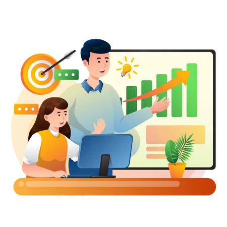 Woman and Man Doing Business Analysis  Illustration