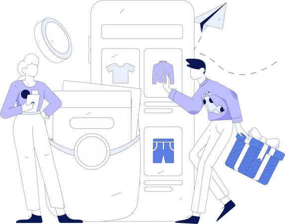 Woman and man doing shopping payment using mobile  Illustration