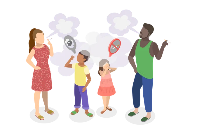 Woman and man doing smoke in front of children  Illustration