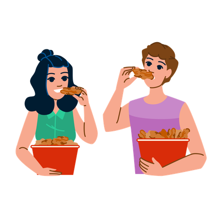 Woman and man eating chicken legs  Illustration