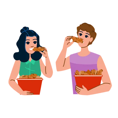 Woman and man eating chicken legs  Illustration
