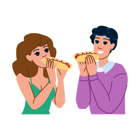 Woman and man eating hot dog  Illustration