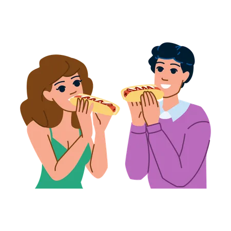 Woman and man eating hot dog  イラスト