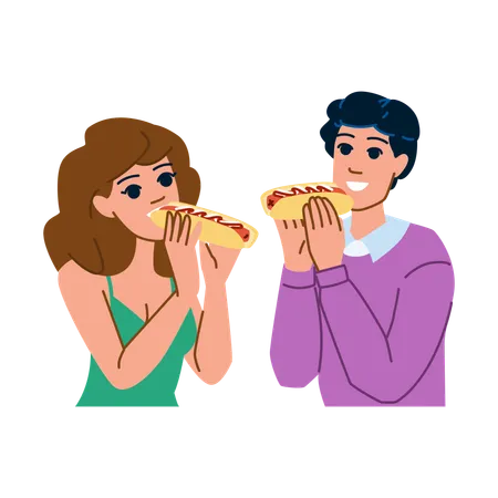 Woman and man eating hot dog  Illustration