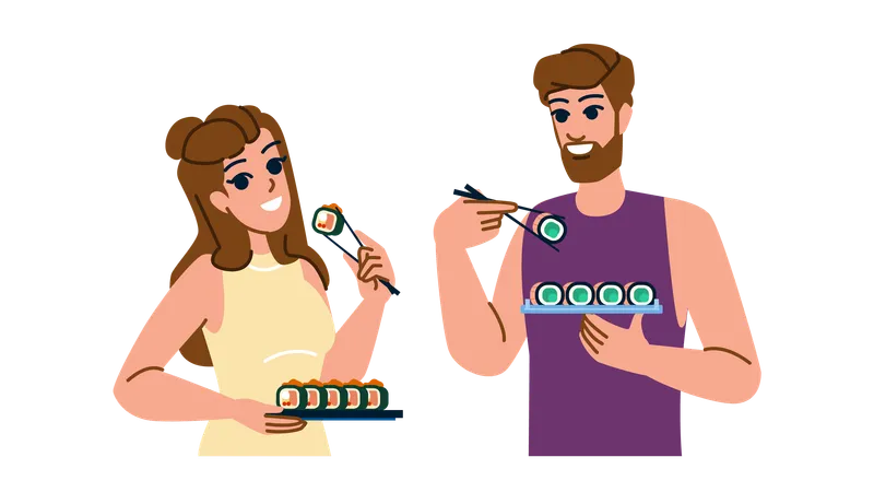 Woman and man eating sushi  イラスト