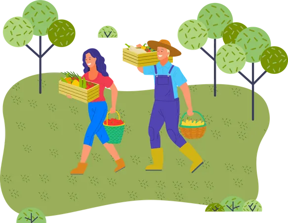 Woman And Man Farmers With Harvest In Boxes And Baskets Girl With Box Of Vegetables And Bucket Of Apples Man Holding Wooden Box Of Crop And Basket With Pears Agricultural Worker With Fresh Products 일러스트레이션