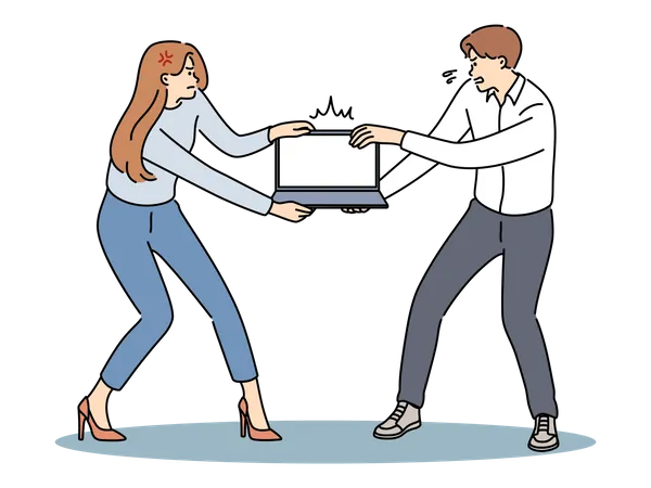 Woman and man fight about laptop  Illustration