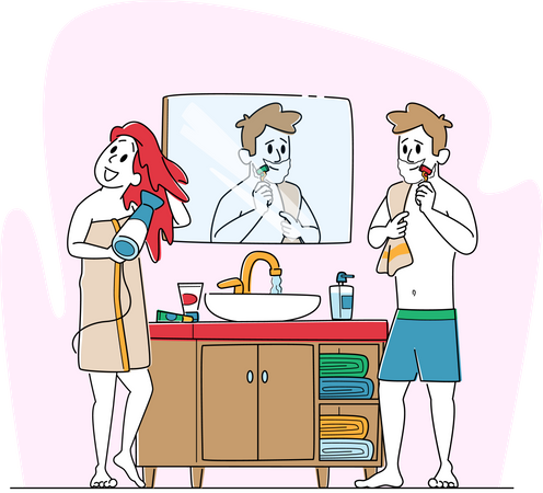 Woman and Man front of Mirror Drying Hair and Shaving  Illustration