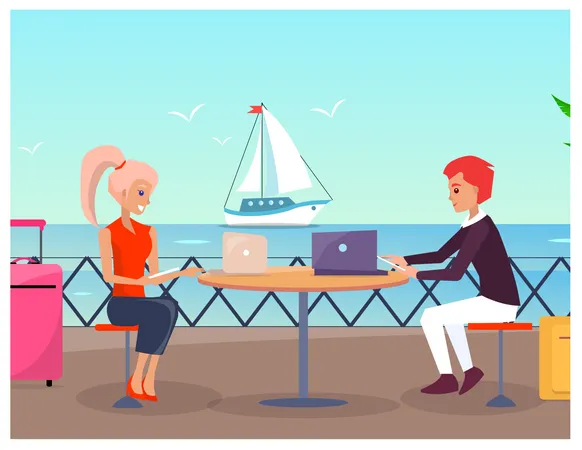 Business Travelling Poster With Text And Title Man And Woman Waiting For Ship And Surfing Web With Help Of Laptop Isolated On Vector Illustration Illustration