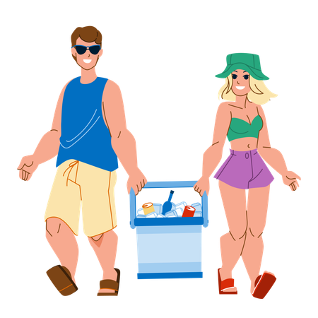 Woman and man holding cooler box  イラスト